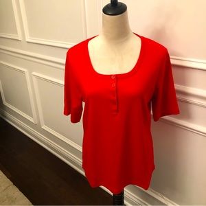 Isaac Mizrahi U-Neck Henley Top Exotic Red Elbow Length Sleeves Medium- …